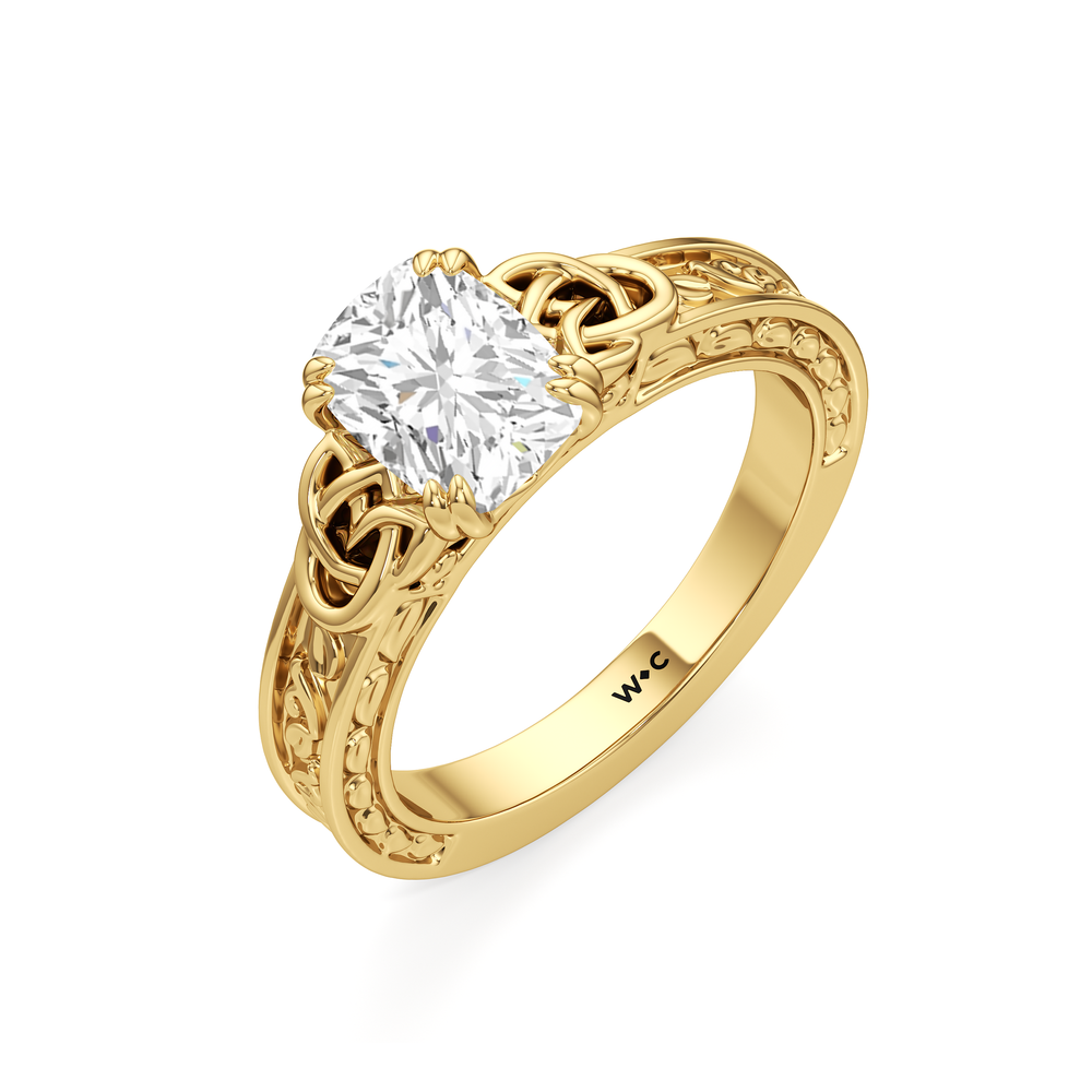 Vintage Celtic Engraved Engagement Ring with Elongated Cushion Cut Diamond in 14KT Yellow Gold view 4
