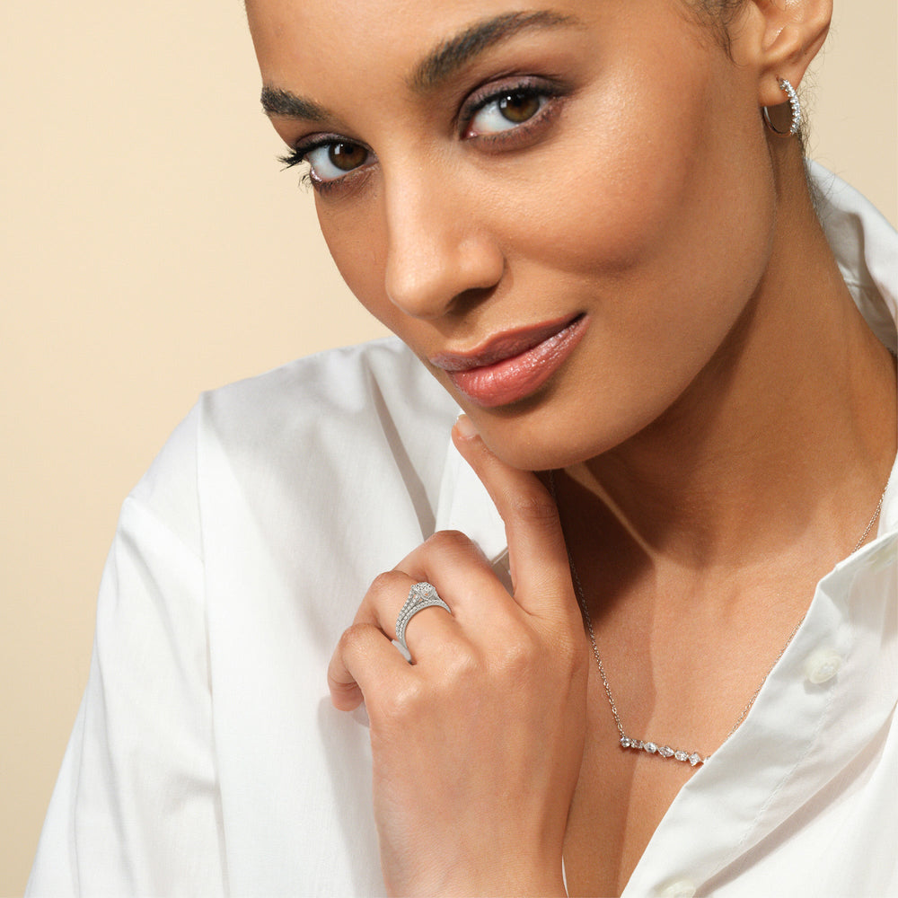 Model Wearing Curved Split Shank Trellis Diamond Wedding Band view