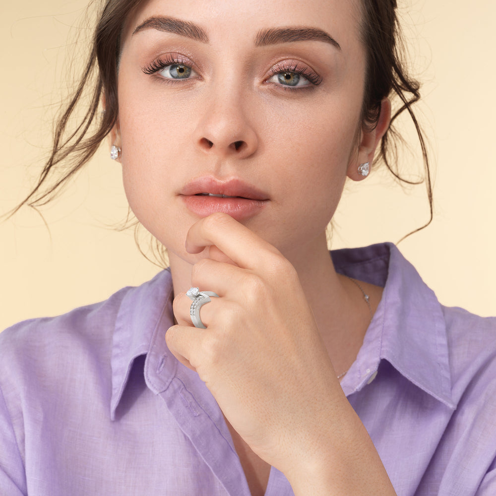Model Wearing Tapered Diamond Wedding Band view
