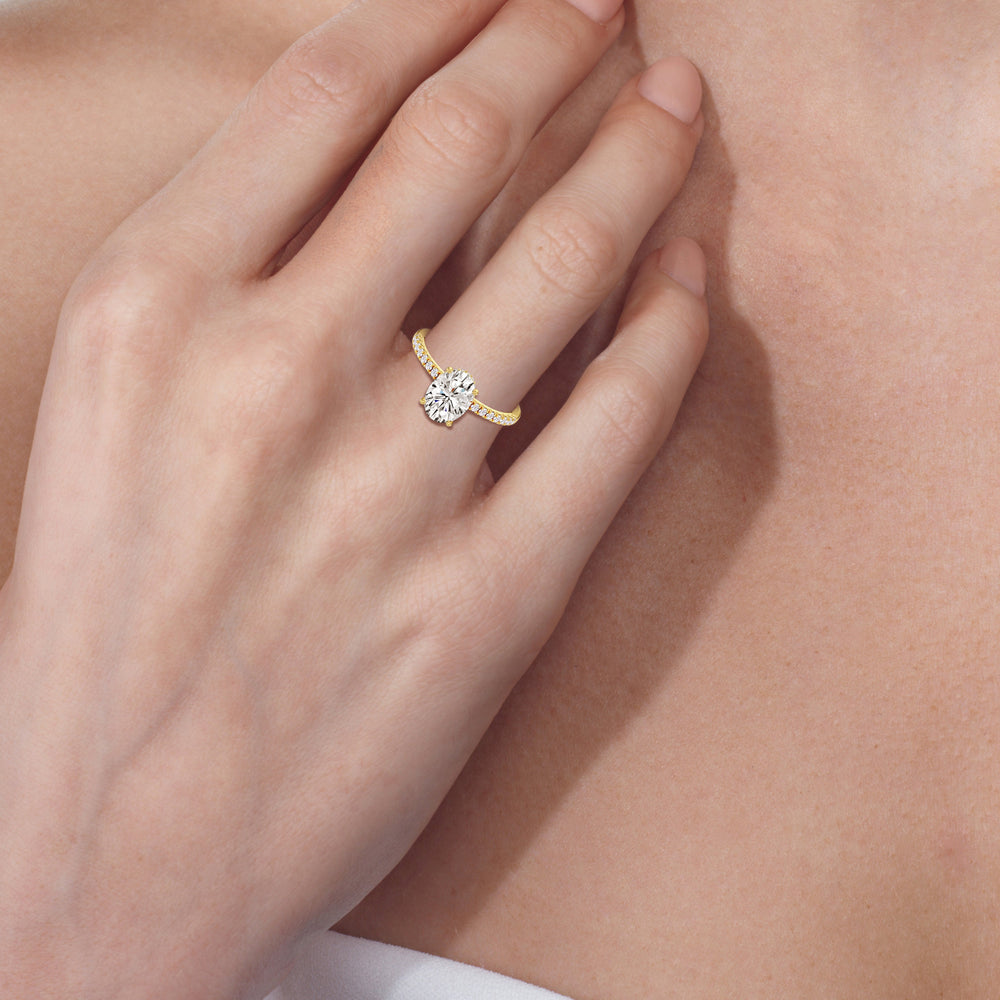 Model Wearing Petite Pave Hidden Halo Engagement Ring with Lab Grown Diamond view