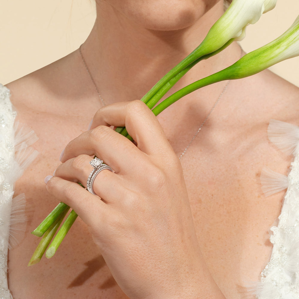 Model Wearing Petal Hidden Accent Diamond Wedding Band view