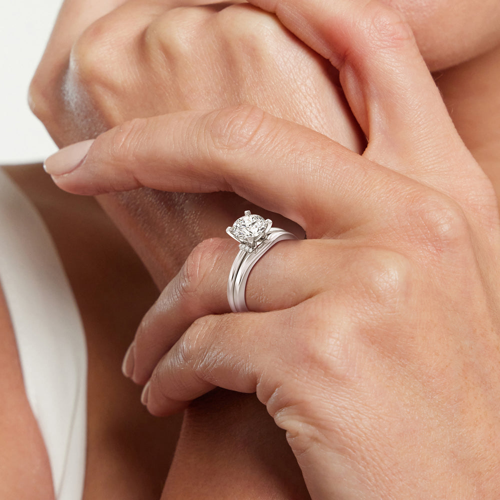 Model Wearing Collar Fine Line Wedding Band view