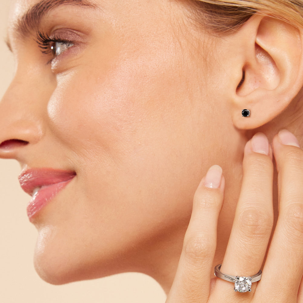 Classic Round Natural Black Diamond Four Prong Stud Earrings with 14KT Yellow Gold / 1/2 Cut Diamond in 14KT Yellow Gold / 1/2 view 2
