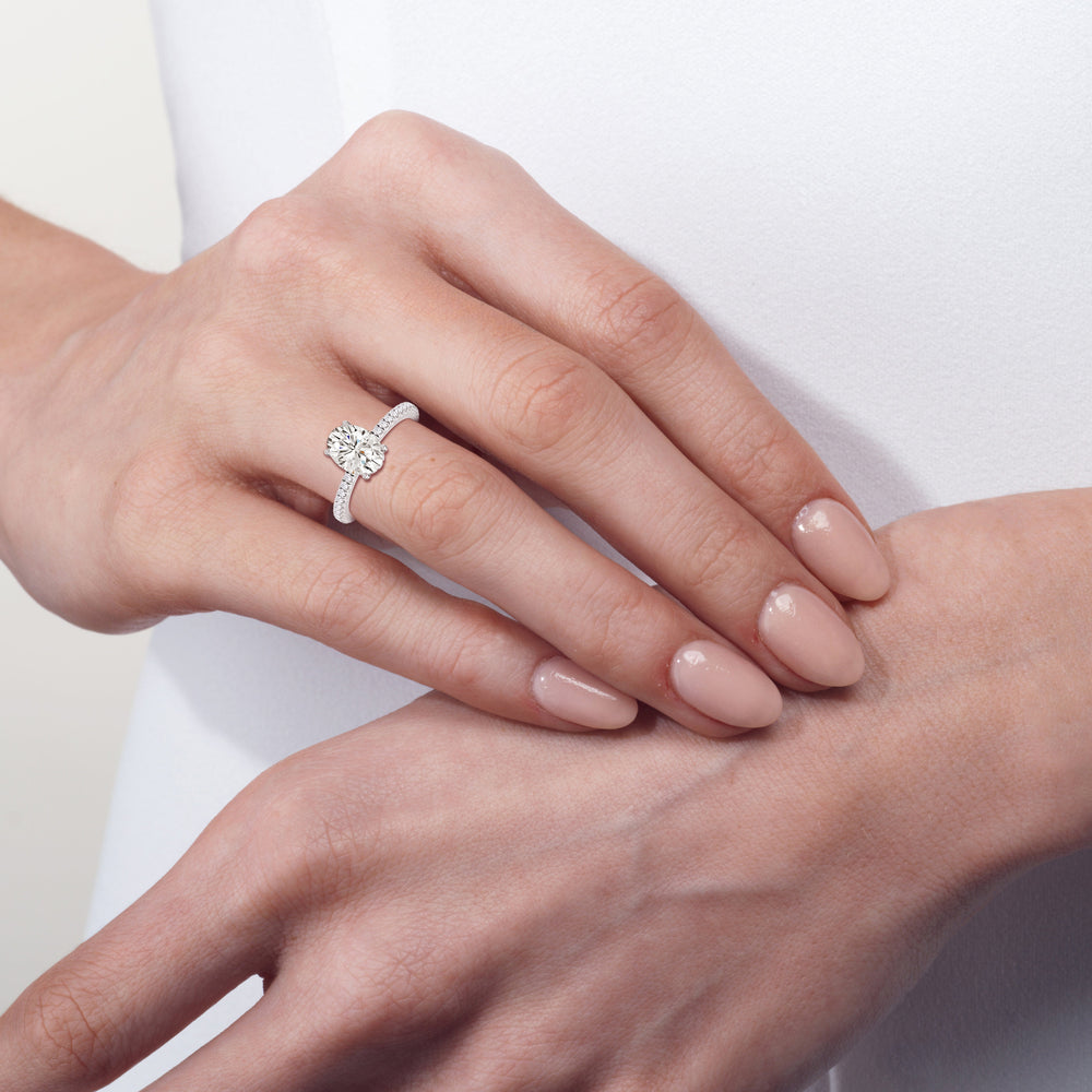 Model Wearing Classic Hidden Halo Engagement Ring with Lab Grown Diamond view