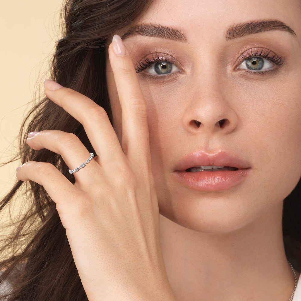 Model Wearing Something Blue Forget-Me-Not Hidden Halo Diamond Wedding Band view