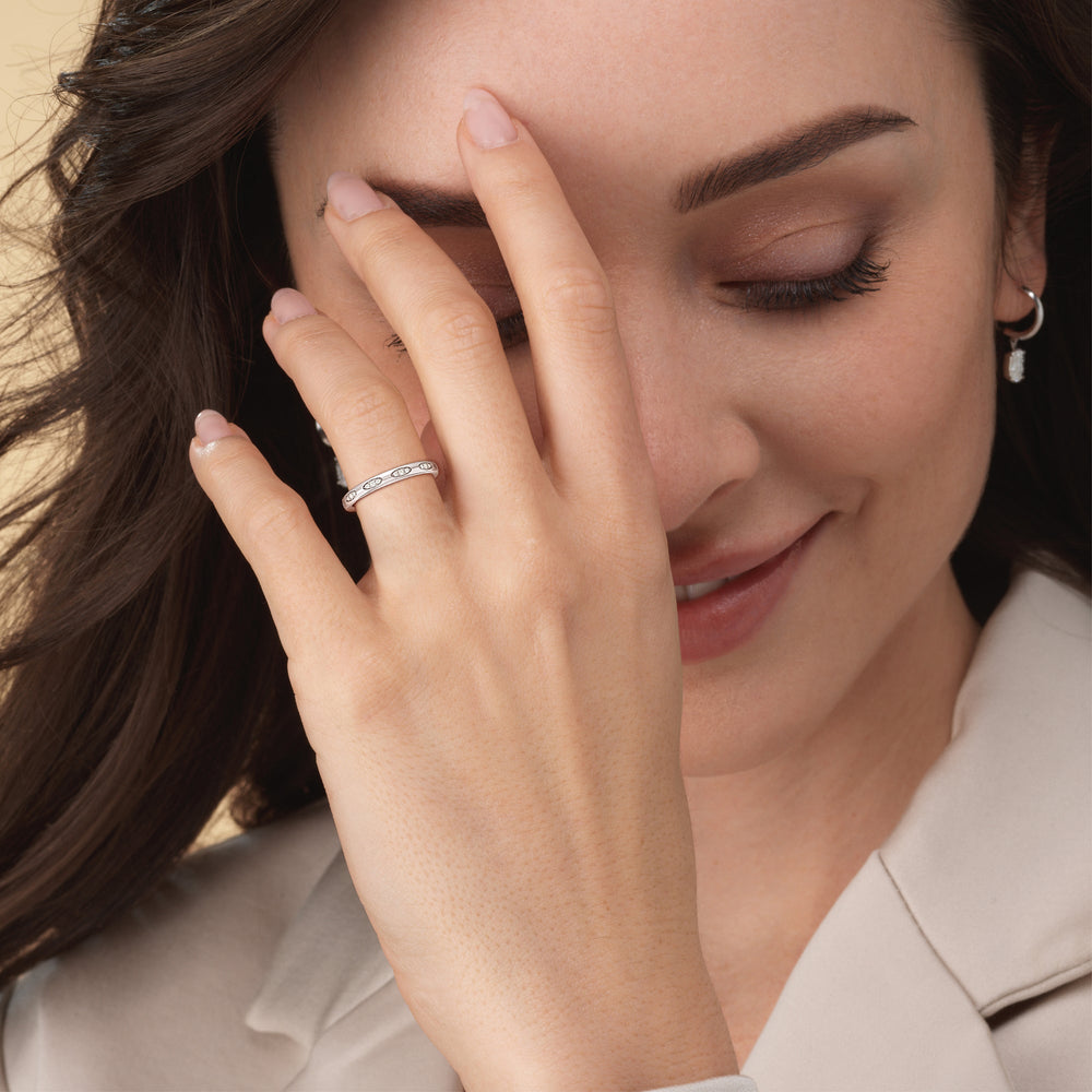 Model Wearing Composite Marquise Stationed Diamond Wedding Band view