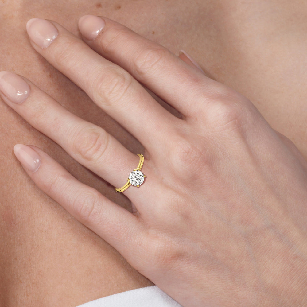 Model Wearing Classic Four Prong Petite Comfort Fit Solitaire Engagement Ring view