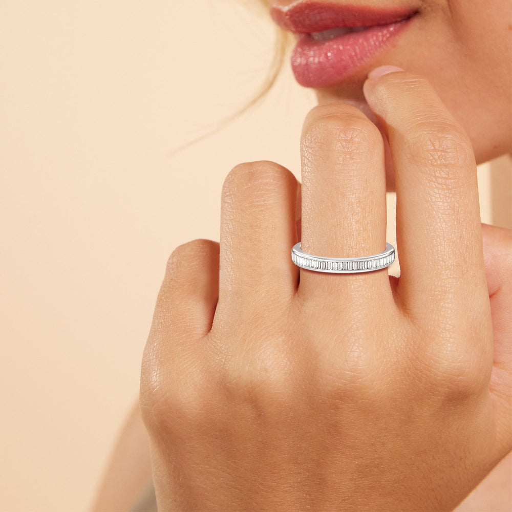 Model Wearing Channel Baguette Deco Solitaire Diamond Wedding Band view