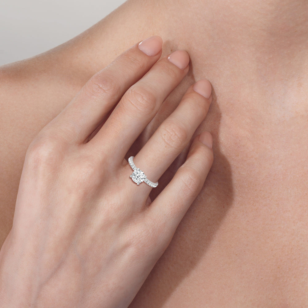 Model Wearing Vela Classic Pave Diamond Engagement Ring view