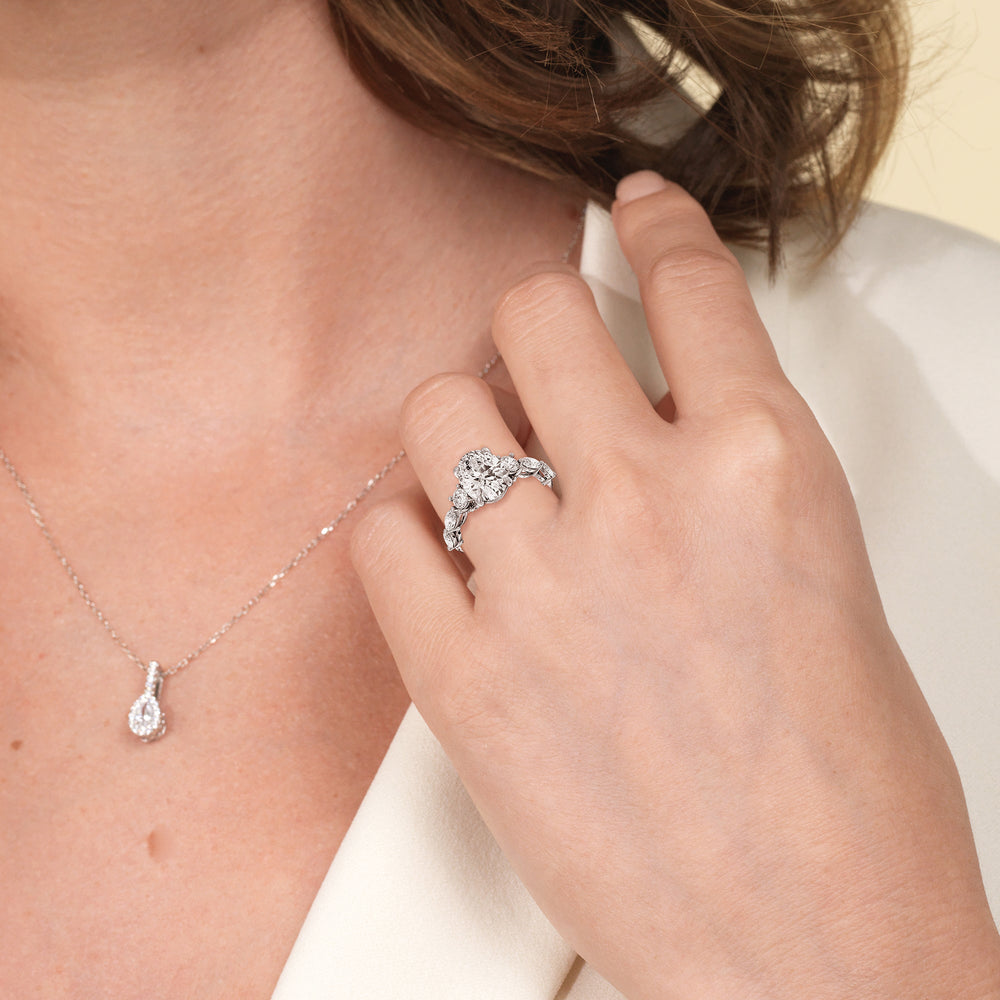 Model Wearing Fancy Cut Side Stone with Bridge Accent Engagement Ring with Lab Grown Diamond view