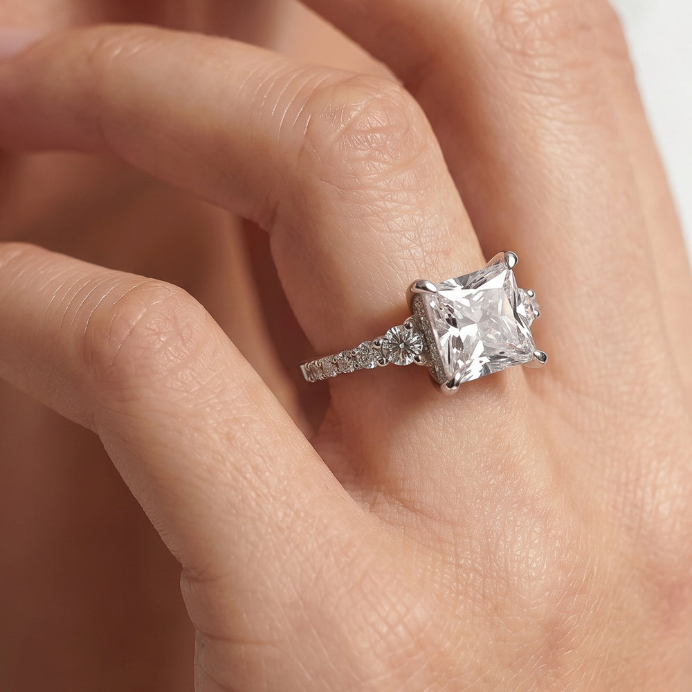 Elegance Side-Stone with Hidden Halo Engagement Ring with Asscher Cut Diamond in 14KT Platinum view 2
