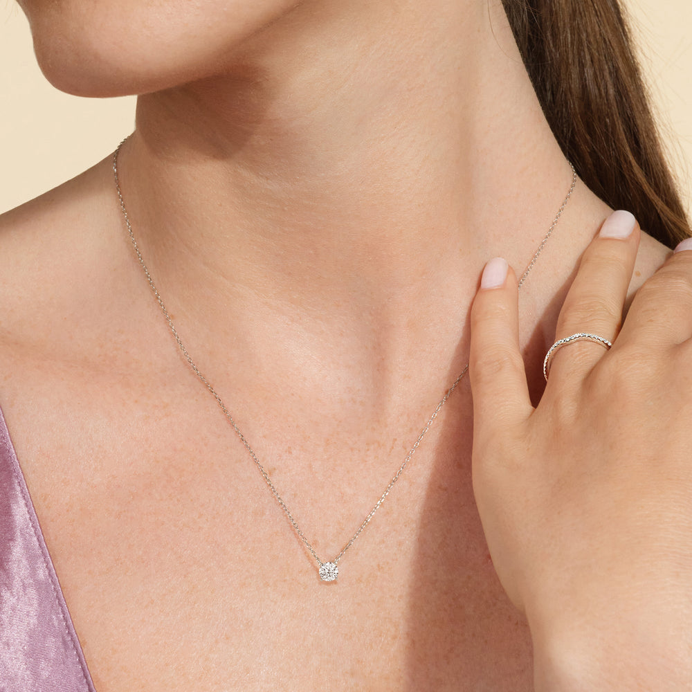 Model Wearing 4 Prong Basket Round Lab Created Diamond Solitaire Necklace view