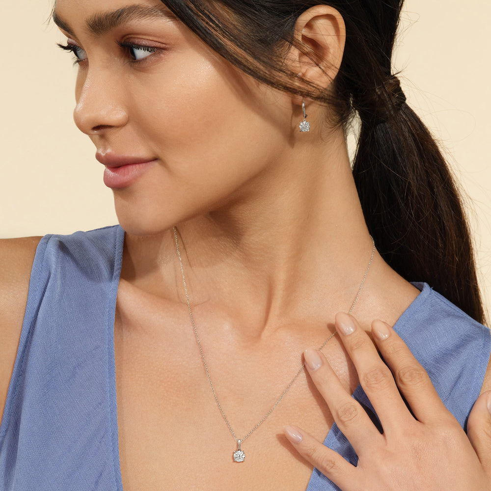 Model Wearing Knife-Edge Bale Round Lab Created Diamond Solitaire Pendant view
