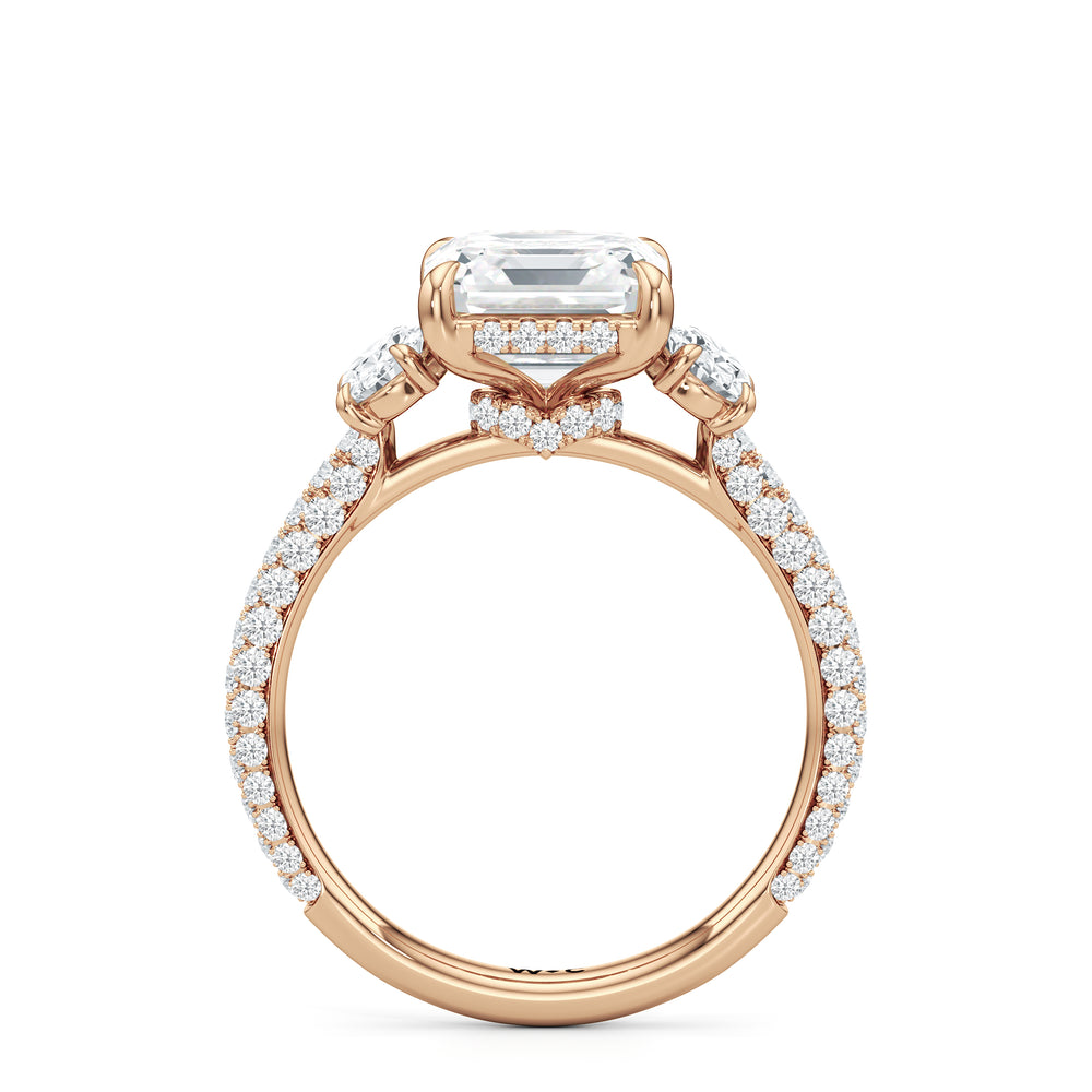 The Belle Three Stone Engagement Ring with Asscher Cut Diamond in 14KT Rose Gold view 2
