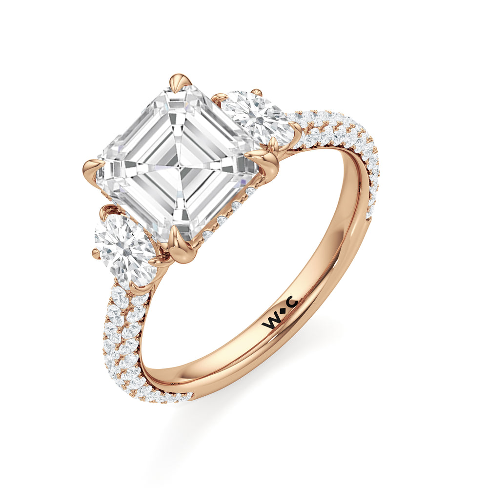 The Belle Three Stone Engagement Ring with Asscher Cut Diamond in 14KT Rose Gold view 3
