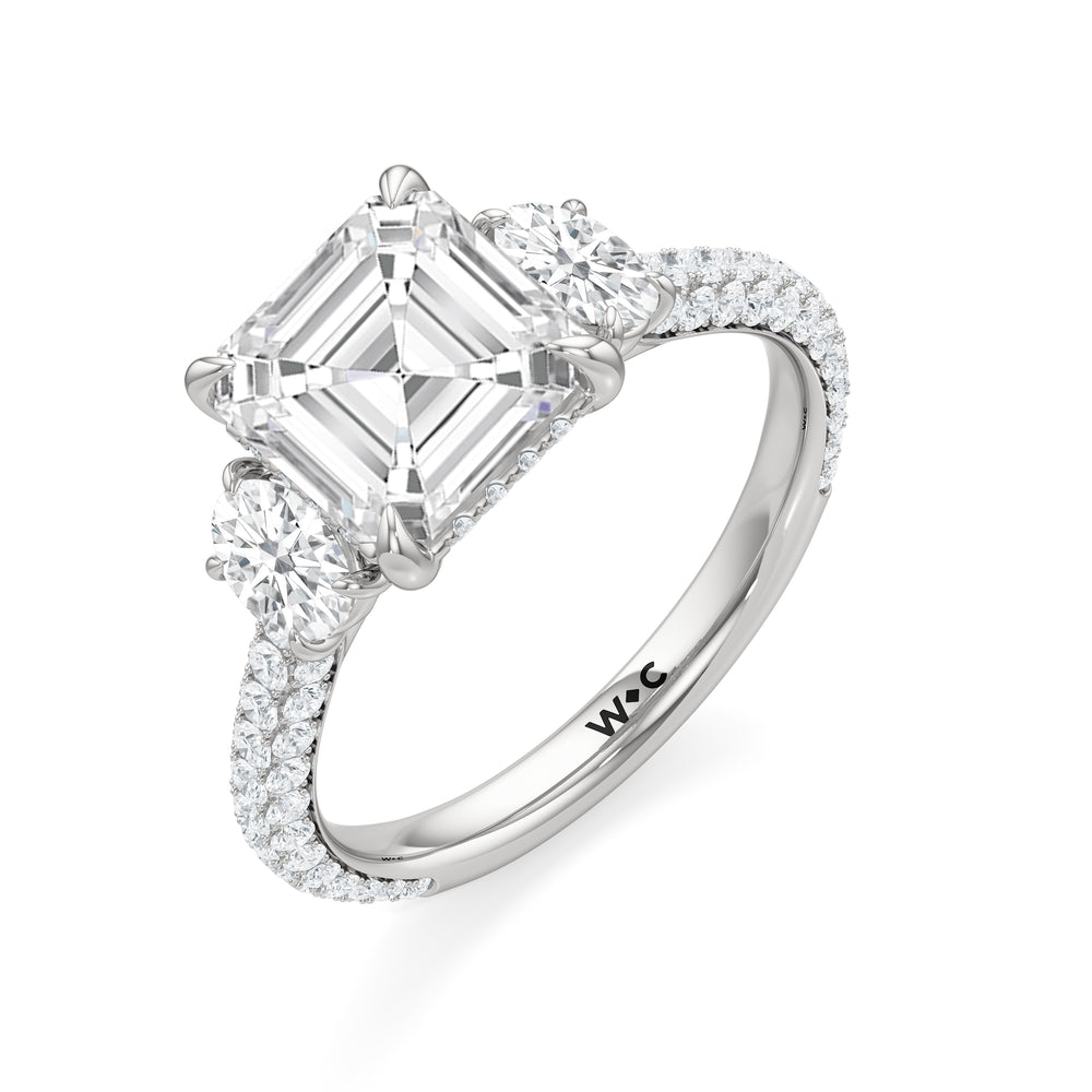 The Belle Three Stone Engagement Ring with Asscher Cut Diamond in 14KT Platinum view 3
