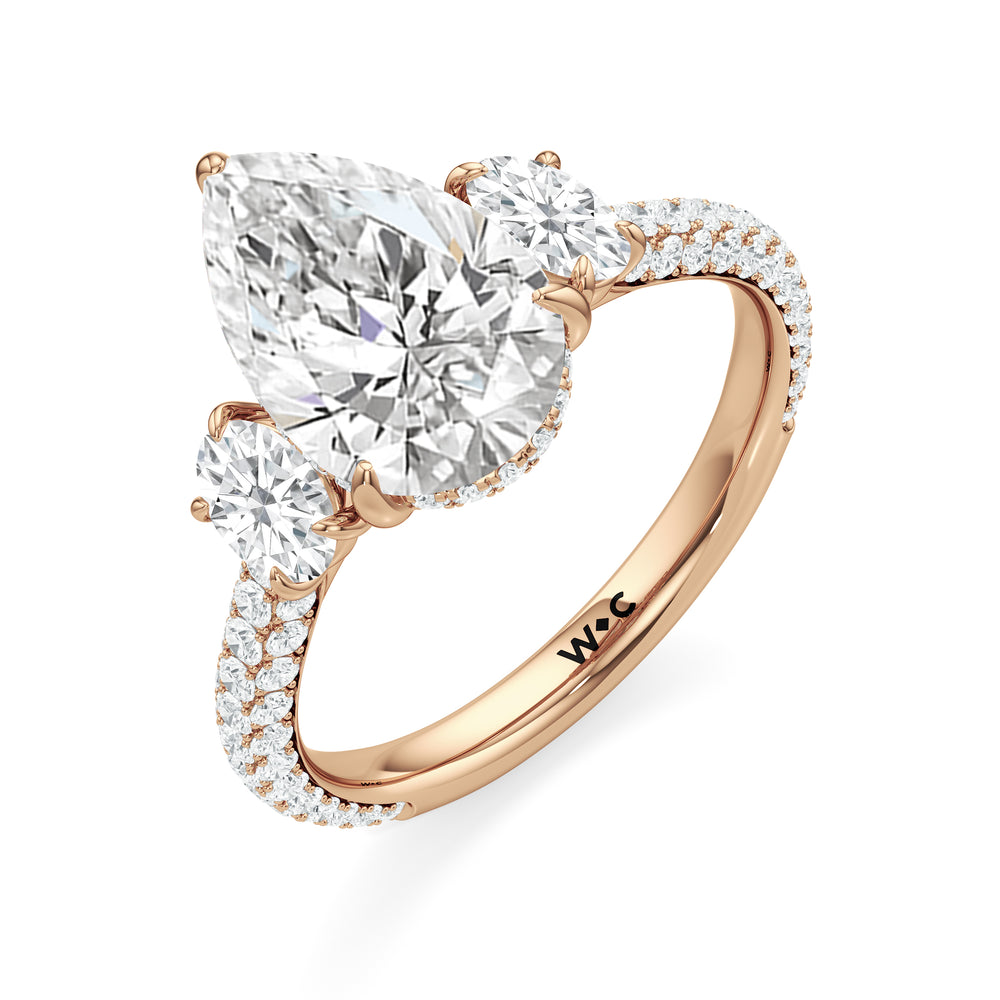 The Belle Three Stone Engagement Ring with Pear Cut Diamond in 14KT Rose Gold view 3
