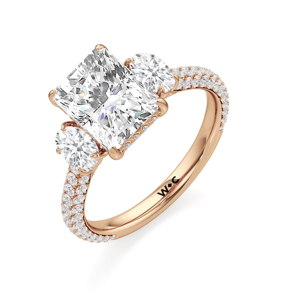 The Belle Three Stone Engagement Ring with Radiant Cut Diamond in 14KT Rose Gold view 3
