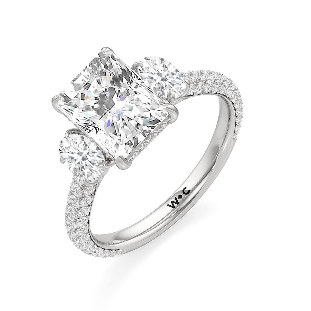 The Belle Three Stone Engagement Ring with Radiant Cut Diamond in 14KT Platinum view 3
