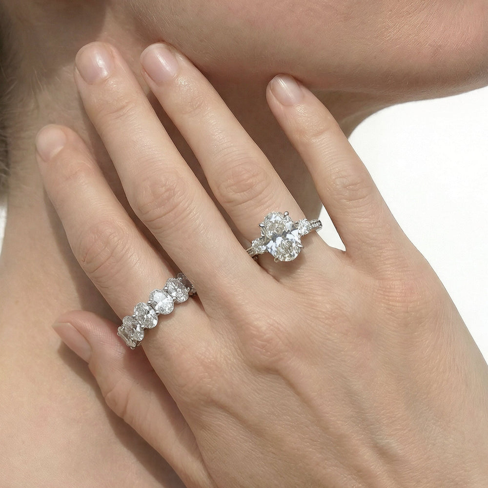 The Seraphine Round Three Stone Ring with Elongated Cushion Cut Diamond in 14KT Platinum view 8
