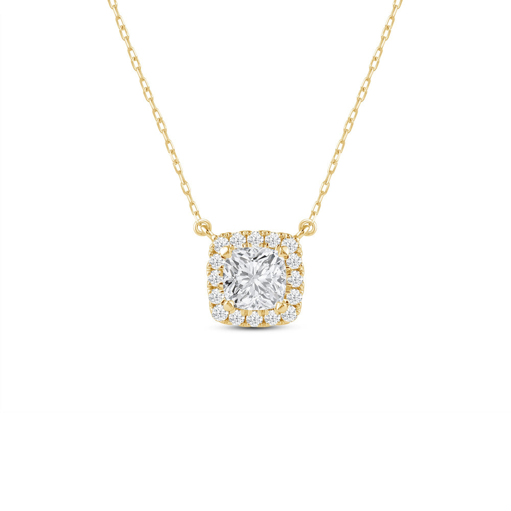 Halo Cushion Lab Created Diamond Necklace with 14KT Yellow Gold / Lab / 3/4 Cut Diamond in 14KT Yellow Gold / Lab / 3/4 view 1
