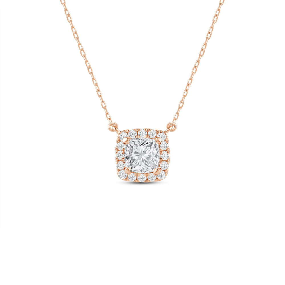 Halo Cushion Lab Created Diamond Necklace with 14KT Rose Gold / Lab / 3/4 Cut Diamond in 14KT Rose Gold / Lab / 3/4 view 1
