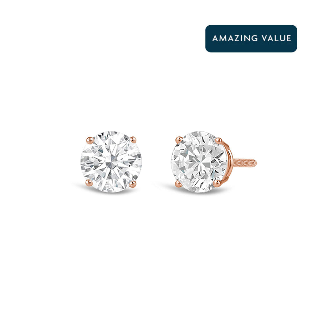 Classic Round Diamond Four Prong Stud Earrings (F/G SI+) with 14KT Rose Gold / Lab / 1/2 Cut Diamond in 14KT Rose Gold / Lab / 1/2 view 1
