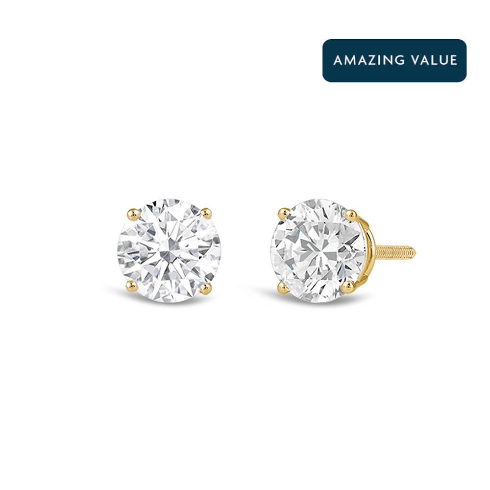 Classic Round Diamond Four Prong Stud Earrings (F/G SI+) with 14KT Yellow Gold / Lab / 3/4 Cut Diamond in 14KT Yellow Gold / Lab / 3/4 view 1
