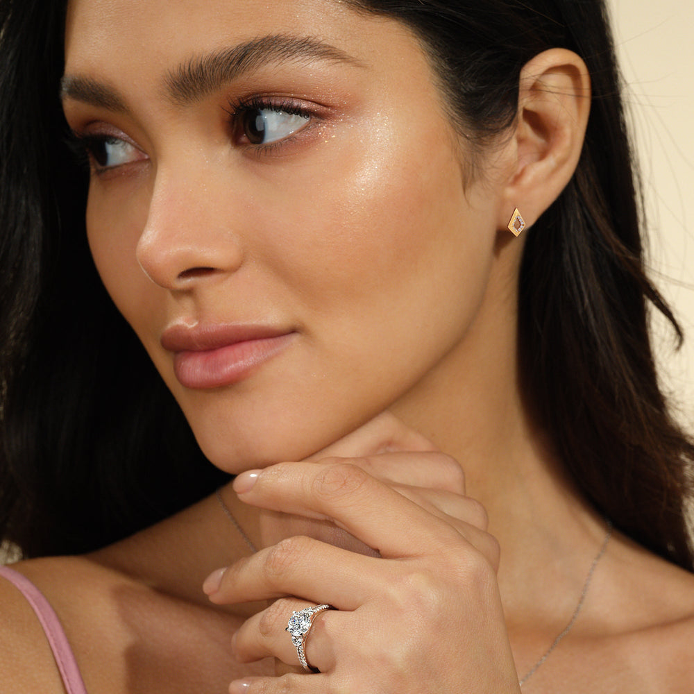 Model Wearing Elongated Kite Shape Diamond Accent Earrings view