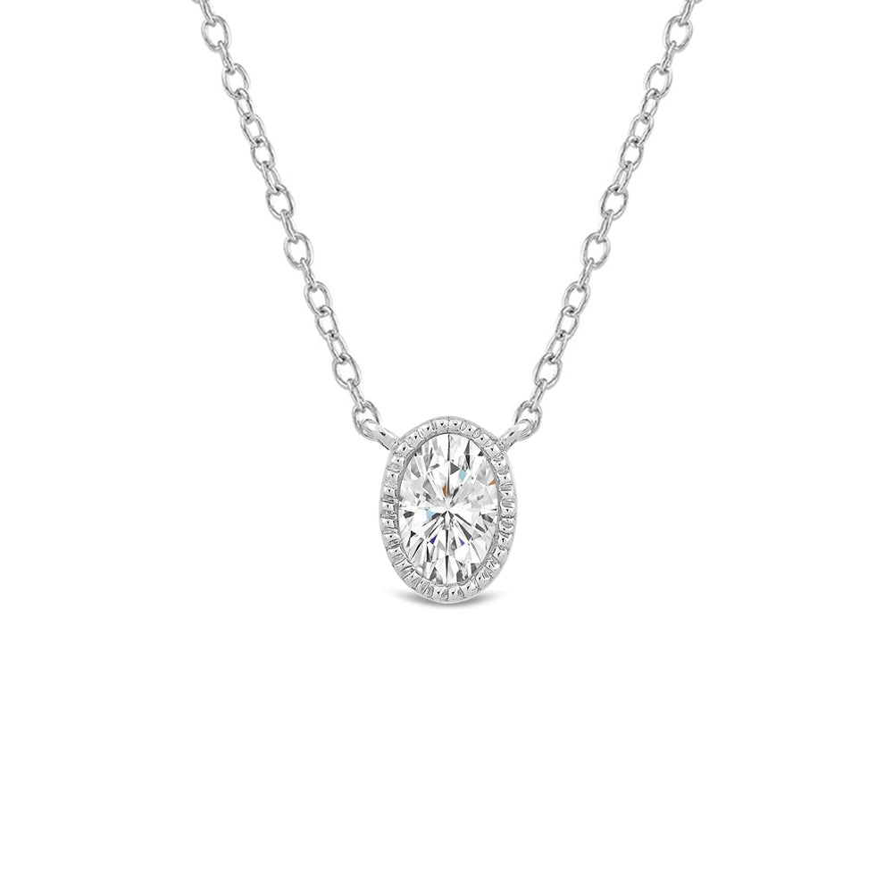 Milgrain Bezel Set Oval Lab Created Diamond Solitaire Necklace with 14KT White Gold / Lab / 1/2 Cut Diamond in 14KT White Gold / Lab / 1/2 view 4

