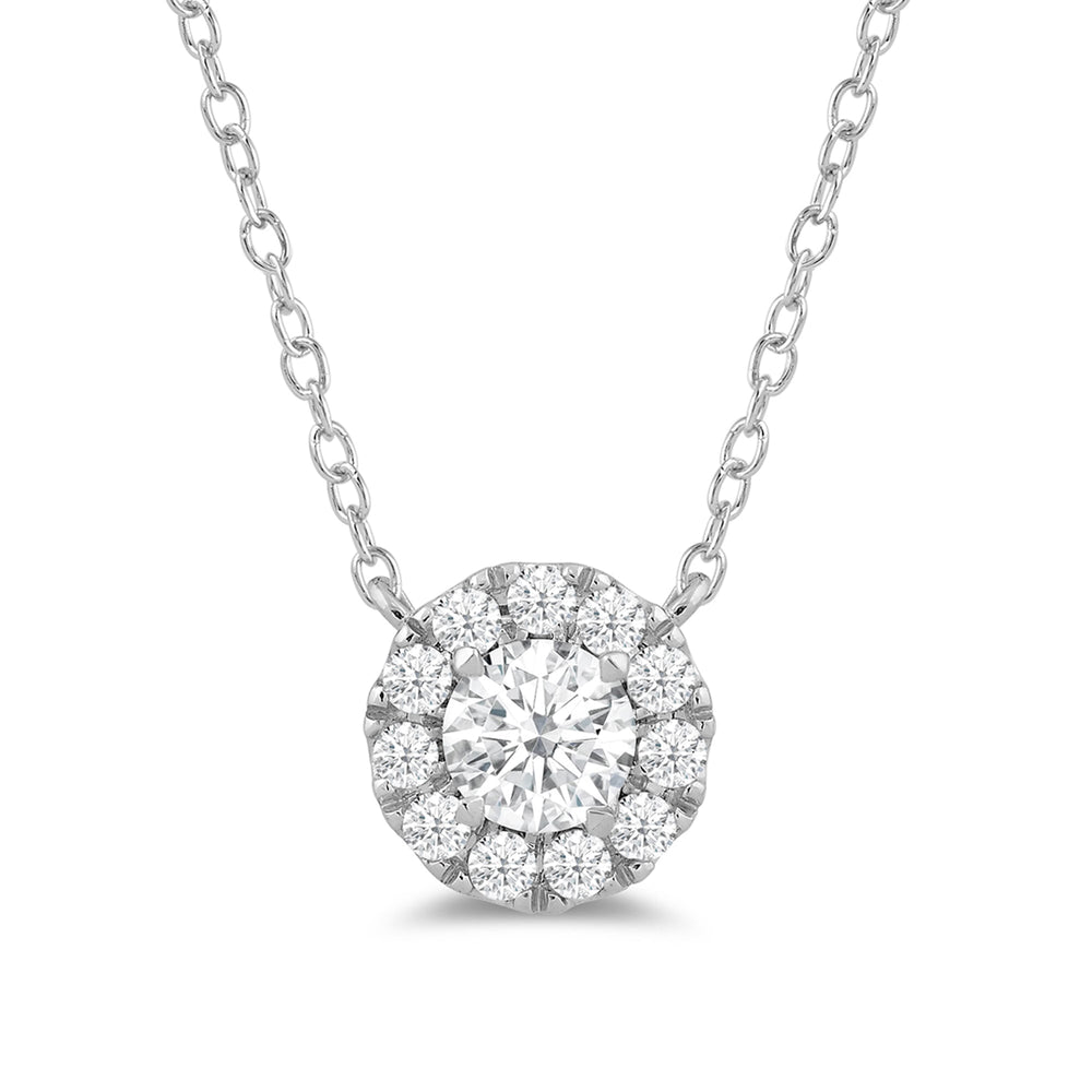 Halo Round Lab Created Diamond Necklace with 14KT White Gold / Lab / 3/4 Cut Diamond in 14KT White Gold / Lab / 3/4 view 4
