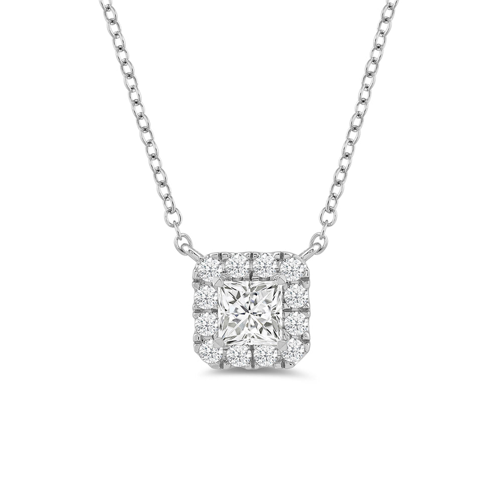 Halo Princess Lab Created Diamond Necklace with 14KT White Gold / Lab / 3/4 Cut Diamond in 14KT White Gold / Lab / 3/4 view 4
