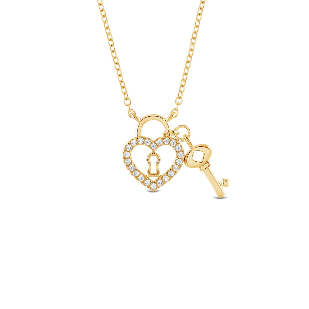 Petite Lab Created Diamond Heart & Key Necklace with 14KT Yellow Gold / Lab / 1/8 Cut Diamond in 14KT Yellow Gold / Lab / 1/8 view 1
