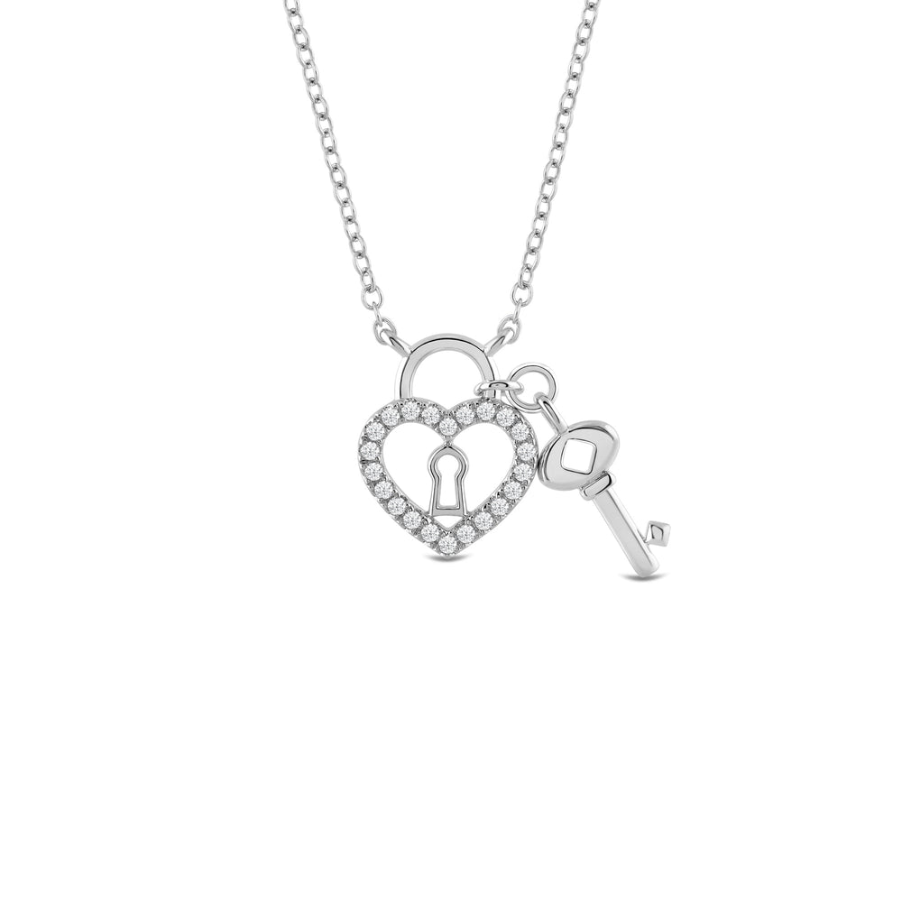Petite Lab Created Diamond Heart & Key Necklace with 14KT White Gold / Lab / 1/8 Cut Diamond in 14KT White Gold / Lab / 1/8 view 1
