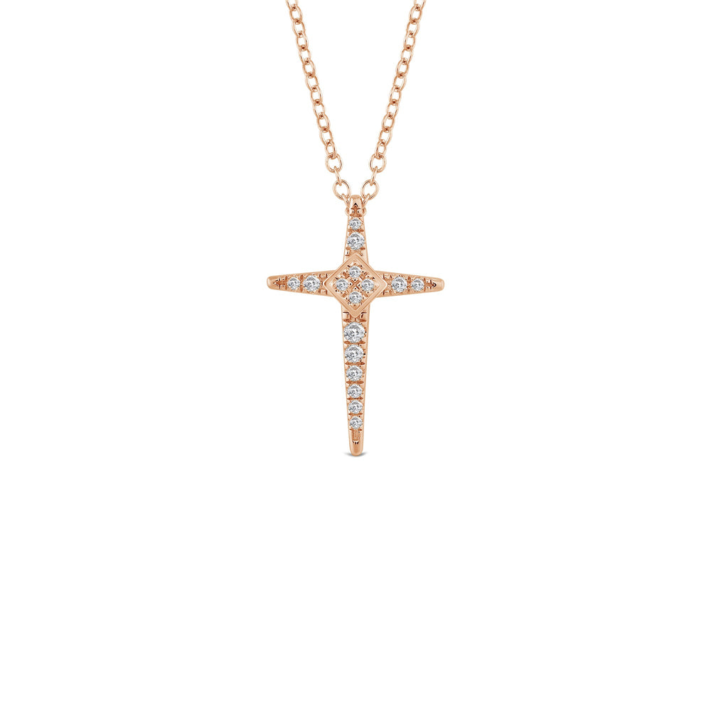 Pointed Lab Created Diamond Cross Pendant with 14KT Rose Gold / Lab / 1/8 Cut Diamond in 14KT Rose Gold / Lab / 1/8 view 1
