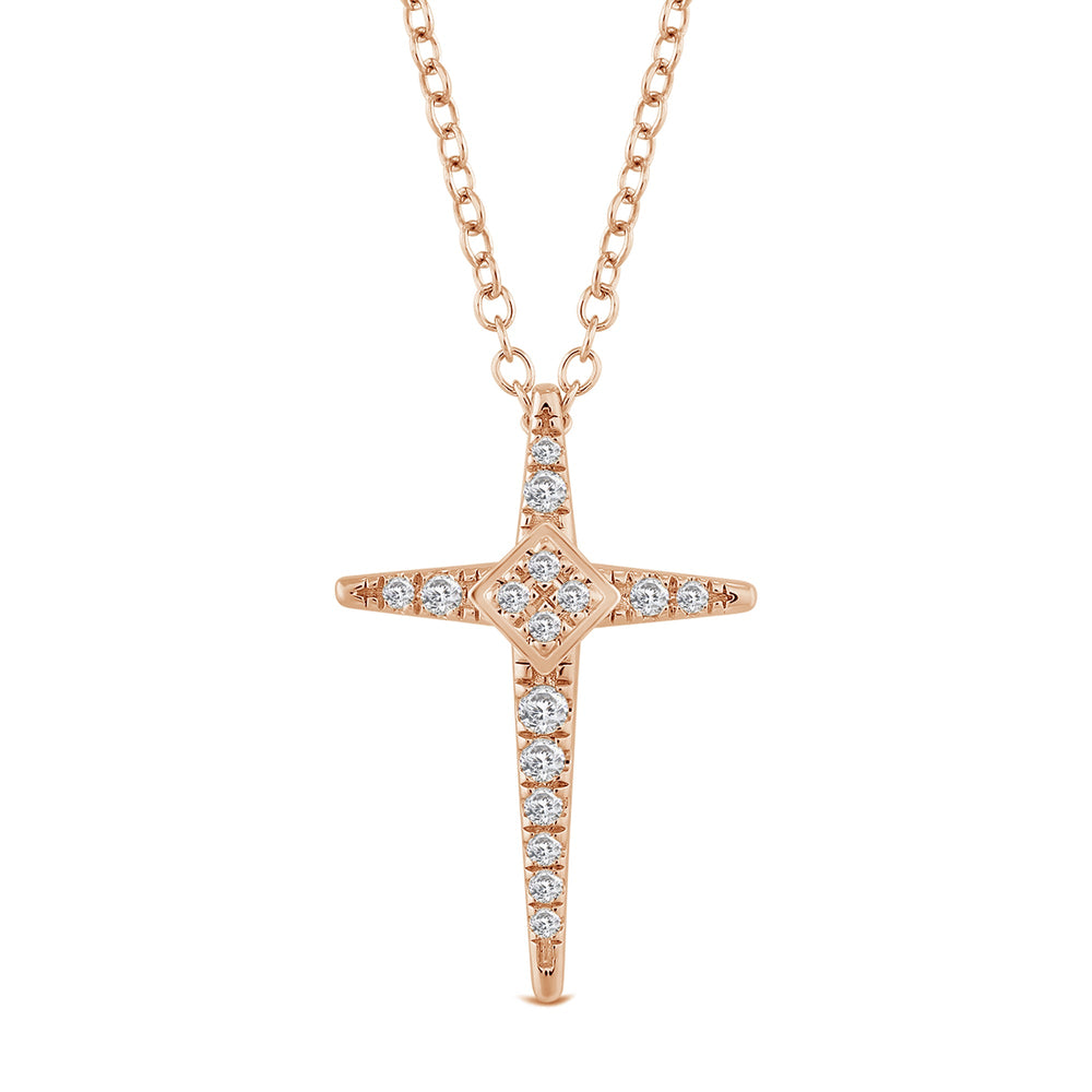 Pointed Lab Created Diamond Cross Pendant with 14KT Rose Gold / Lab / 1/8 Cut Diamond in 14KT Rose Gold / Lab / 1/8 view 2

