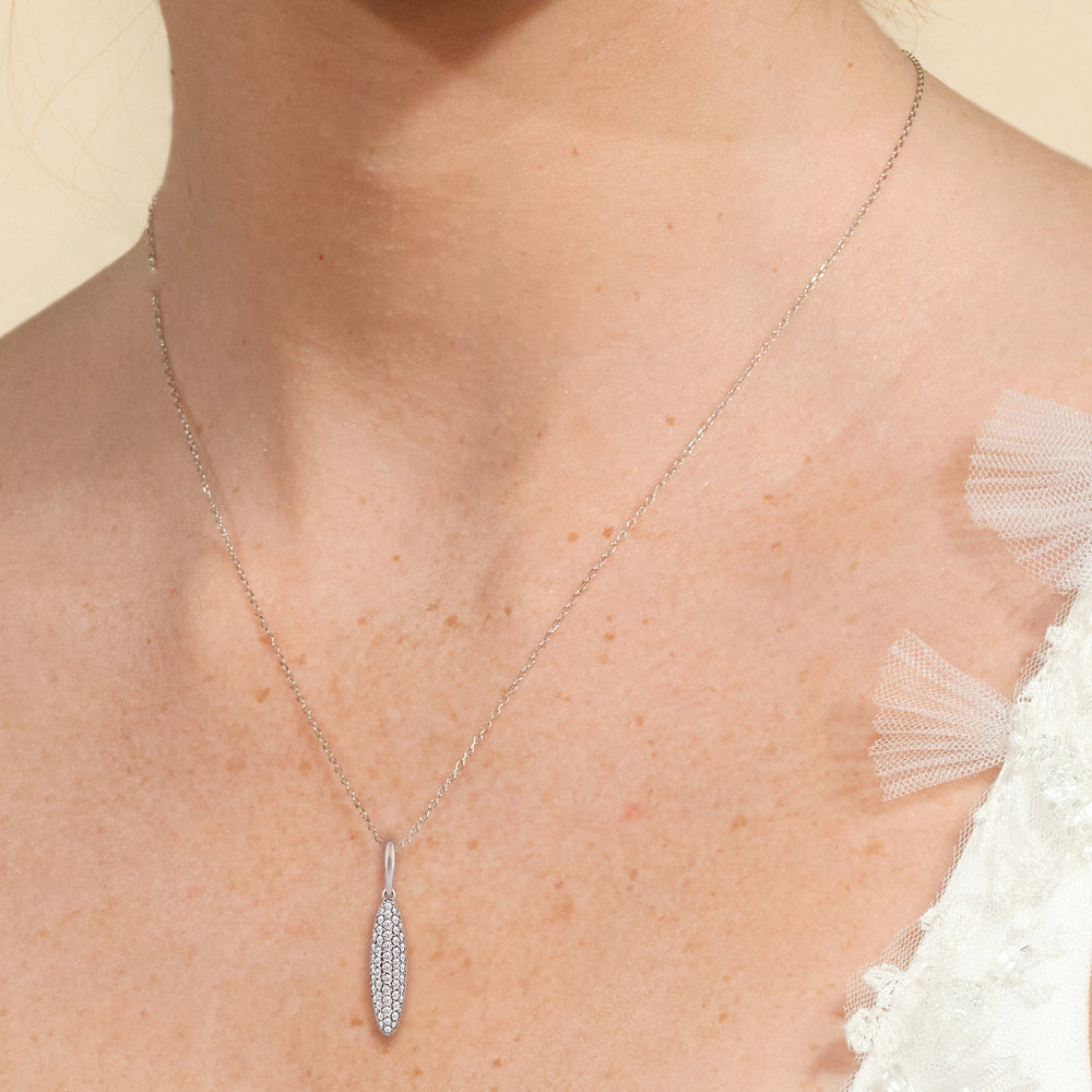 Model Wearing Domed Pave Elongated Oval Diamond Necklace view