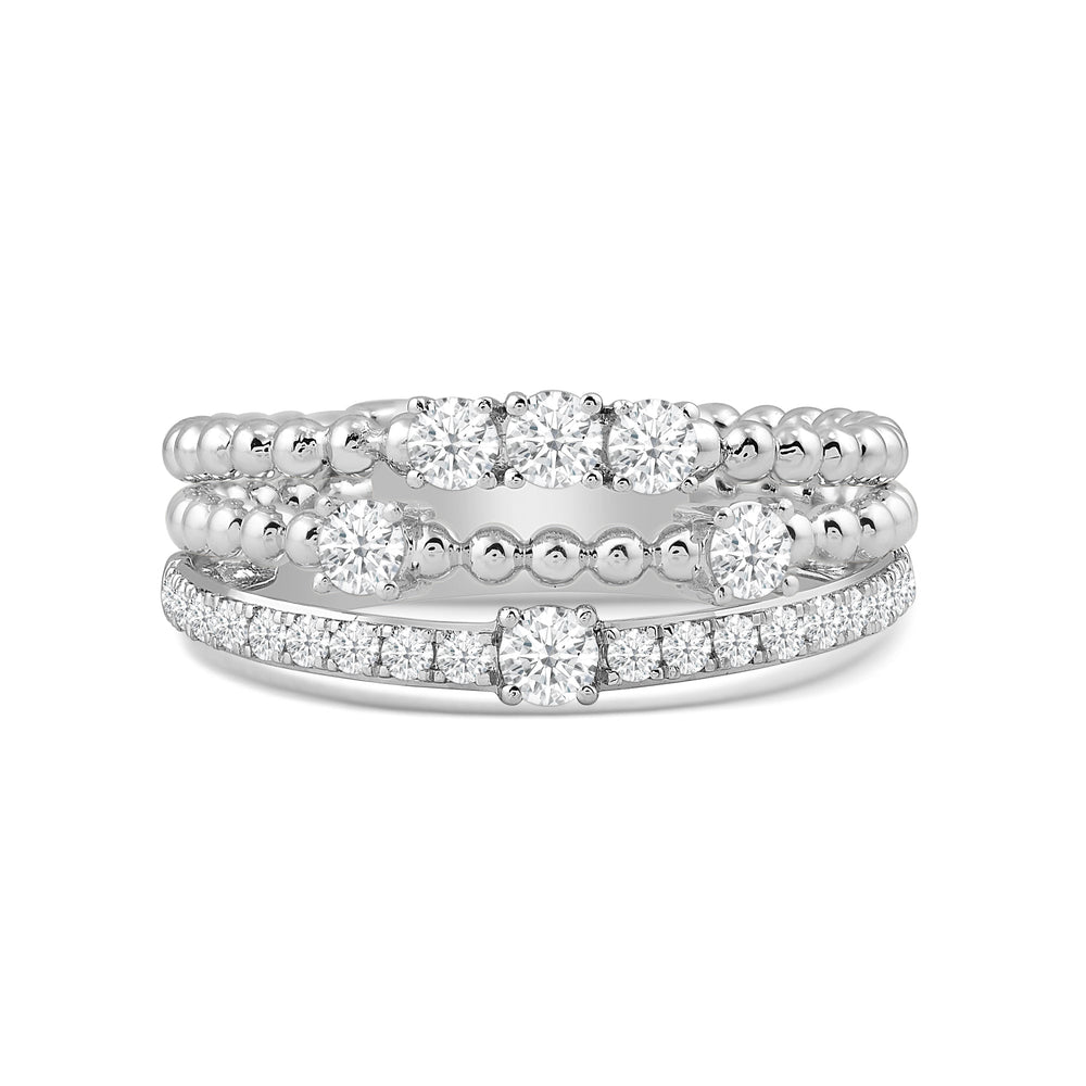 Three Row Beads and Diamonds Ring with Jan Cut Diamond in 14KT White Gold / Lab / 02 view 1
