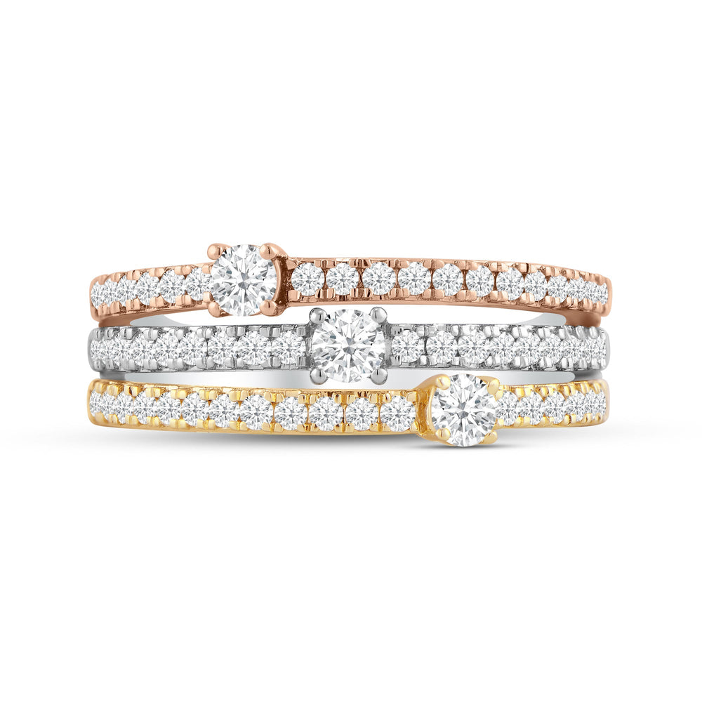 Three Row ,Three Tone Studded & Diamond Punctuated Fashion Rings with Lab / 5/8 Cut Diamond in 14KT Lab / 5/8 view 1
