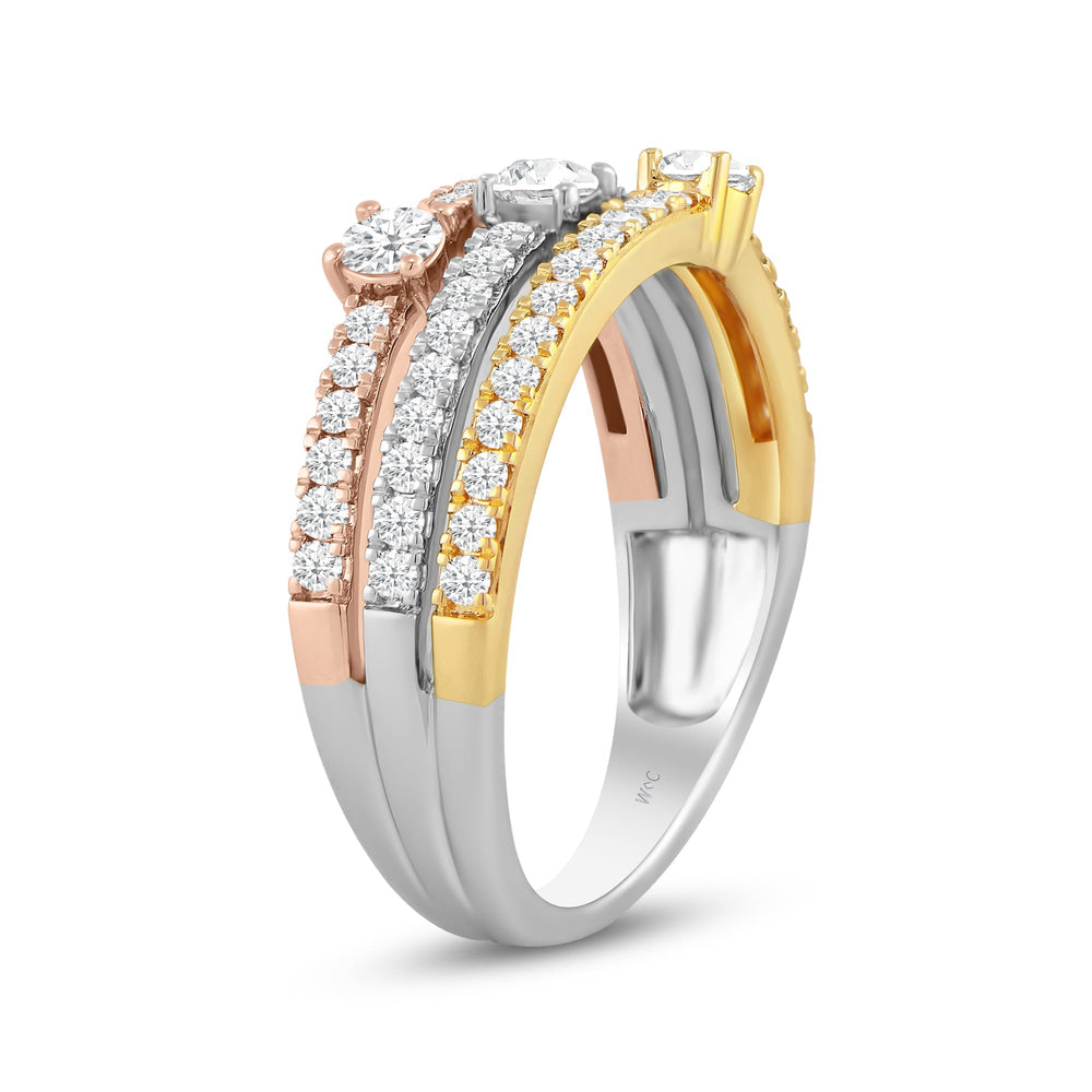 Three Row ,Three Tone Studded & Diamond Punctuated Fashion Rings with Lab / 5/8 Cut Diamond in 14KT Lab / 5/8 view 4
