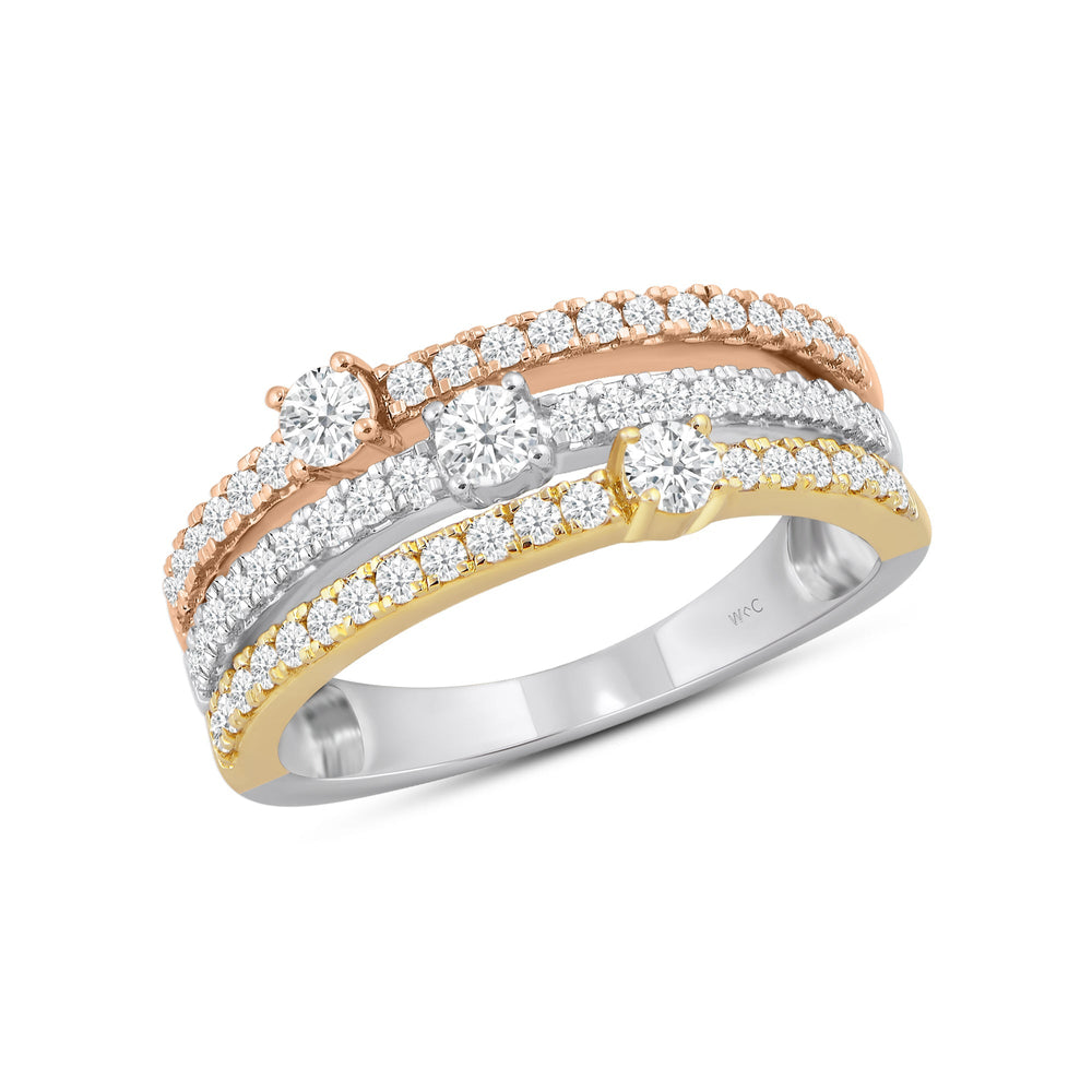 Three Row ,Three Tone Studded & Diamond Punctuated Fashion Rings with Lab / 5/8 Cut Diamond in 14KT Lab / 5/8 view 3
