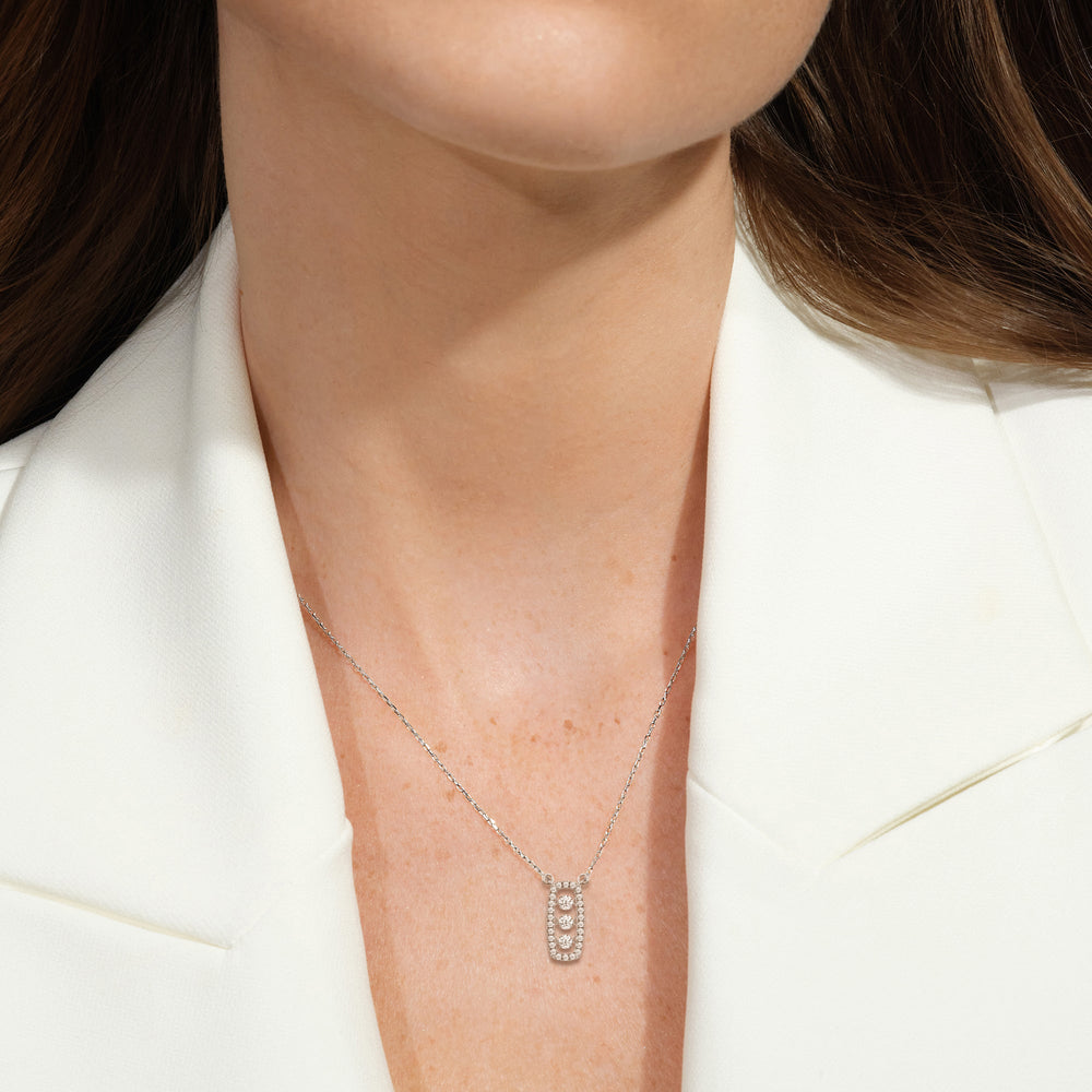 Model Wearing Three Dancing Diamonds Elongated Cushion Necklace view