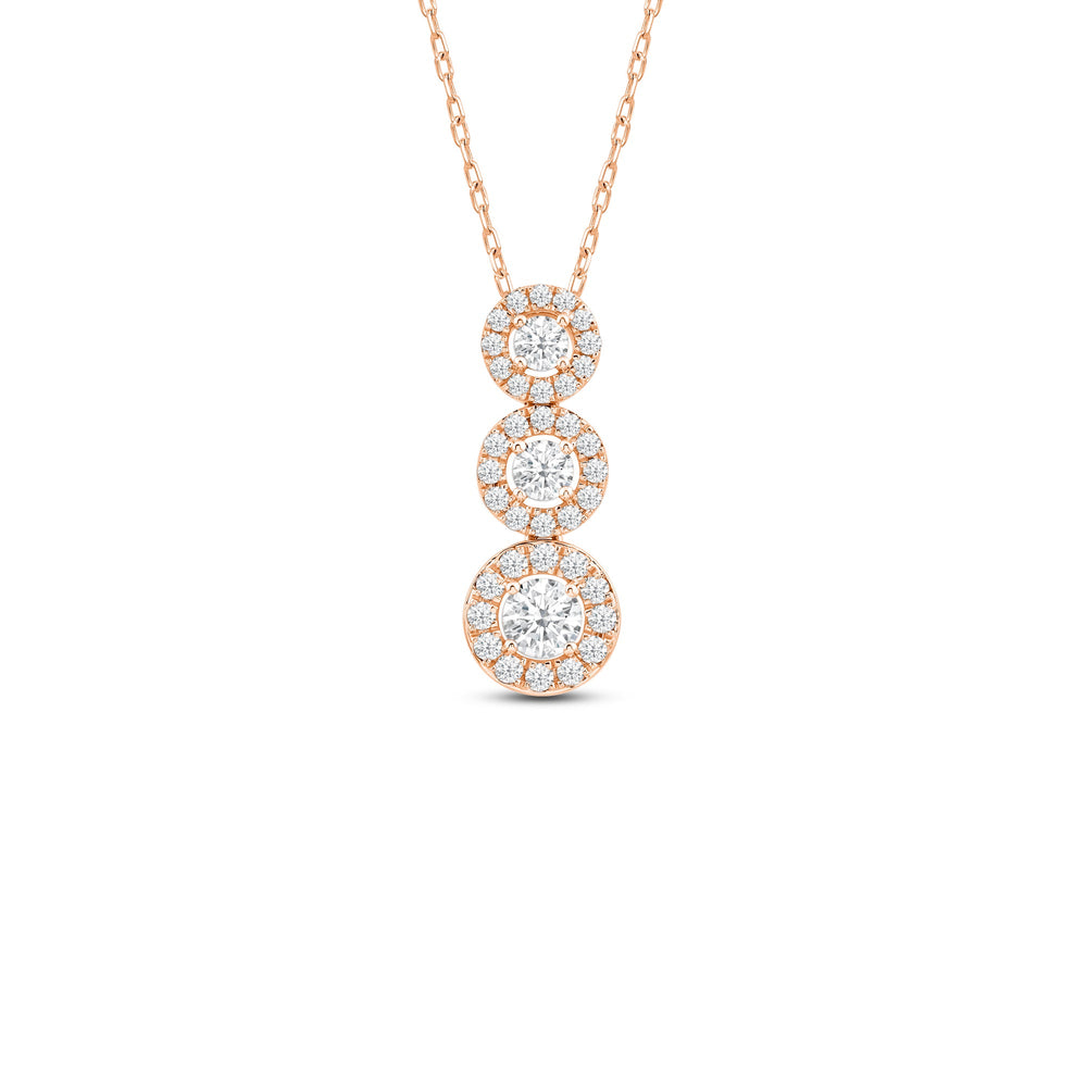 Three Stone Diamond Halo Necklace with 14KT Rose Gold / Lab / 9/10 Cut Diamond in 14KT Rose Gold / Lab / 9/10 view 1

