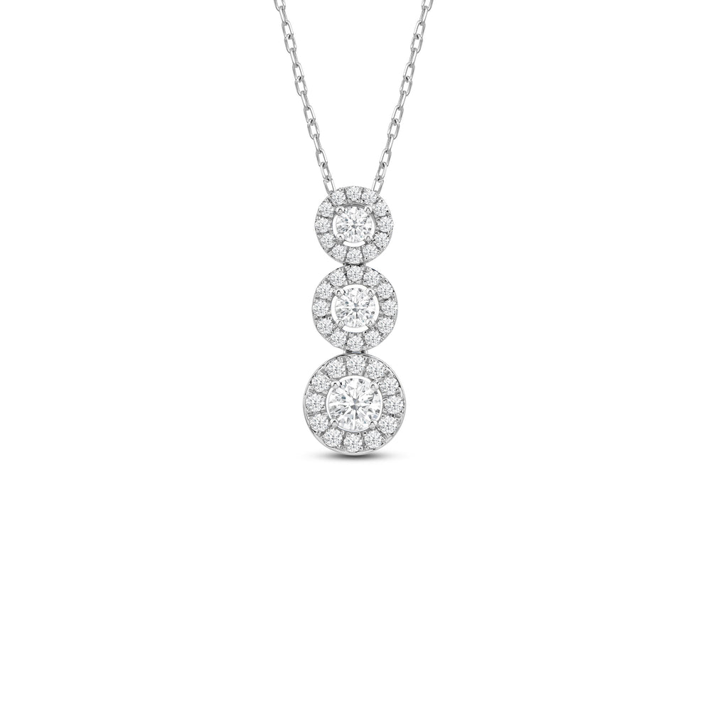 Three Stone Diamond Halo Necklace with 14KT White Gold / Lab / 9/10 Cut Diamond in 14KT White Gold / Lab / 9/10 view 1
