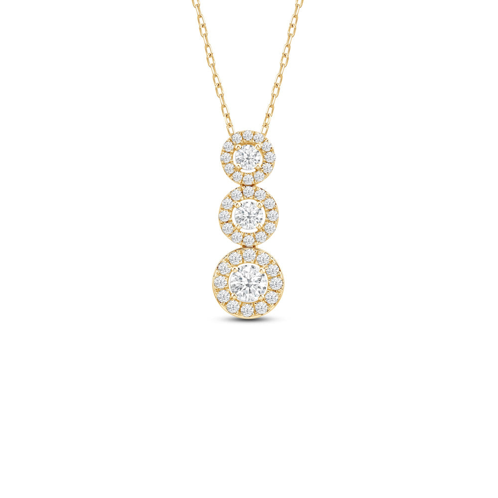 Three Stone Diamond Halo Necklace with 14KT Yellow Gold / Lab / 9/10 Cut Diamond in 14KT Yellow Gold / Lab / 9/10 view 1
