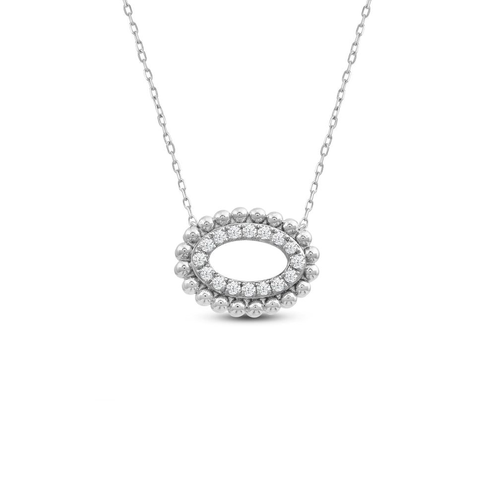 East West Oval Shape Beads and Pave Diamond Necklace with 14KT White Gold / Lab / 1/8 Cut Diamond in 14KT White Gold / Lab / 1/8 view 1

