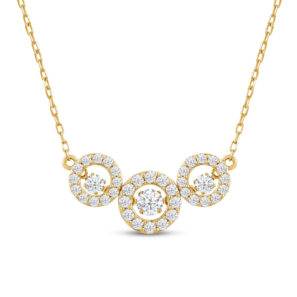 Dancing Diamonds Three Stone Halo Necklace with 14KT Yellow Gold / Lab / 9/10 Cut Diamond in 14KT Yellow Gold / Lab / 9/10 view 2
