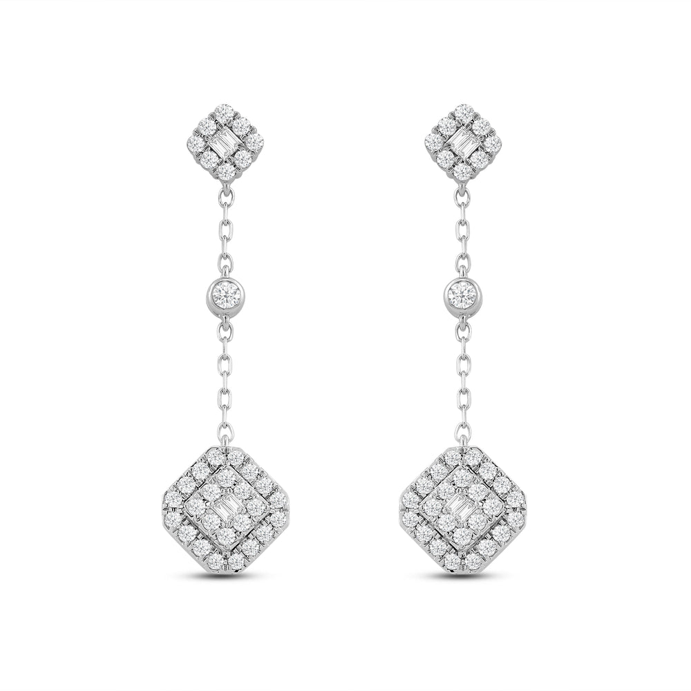 Composite Halo Metal Bead Punctuated Dangle Diamond Fashion Earrings with 14KT White Gold / Lab / 3/4 Cut Diamond in 14KT White Gold / Lab / 3/4 view 1
