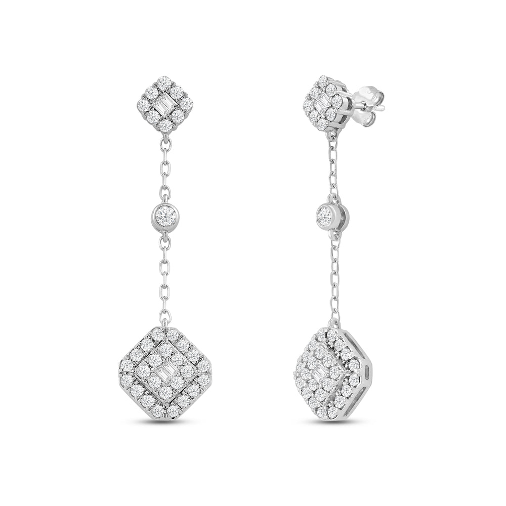 Composite Halo Metal Bead Punctuated Dangle Diamond Fashion Earrings with 14KT White Gold / Lab / 3/4 Cut Diamond in 14KT White Gold / Lab / 3/4 view 2
