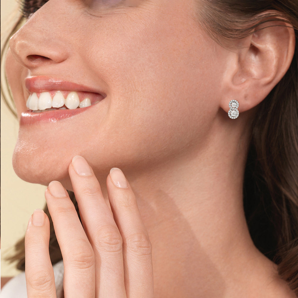 Model Wearing Classic Two Stone Infinity Halo Earrings view